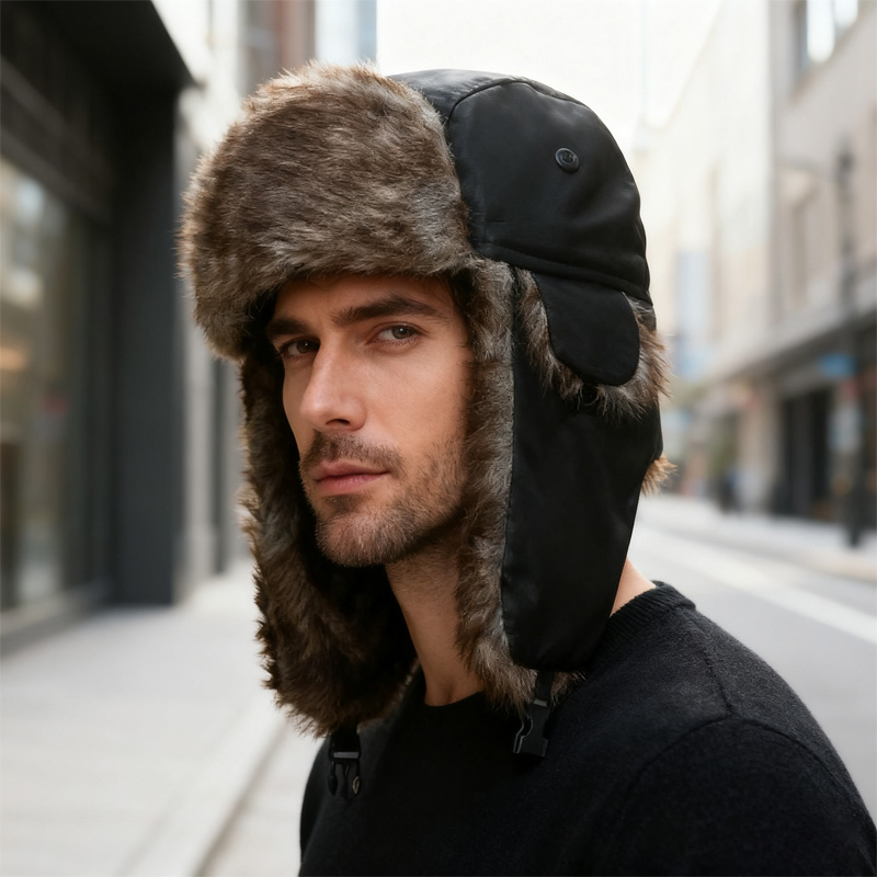 Winter Trapper Hat - หมวกอูชานกาแบบรัสเซียสำหรับฤดูหนาว หมวกนักบินสไตล์ทหารสำหรับผู้ชาย พร้อมที่ปิดหู กันลม กันหนาว หมวกทหารบินขนสัตว์สำหรับลาดตระเวน