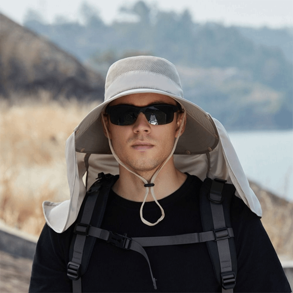 Bucket Hat Cotton - หมวกแฟชั่นผ้าสำหรับผู้ชาย ปีกกว้าง ถอดผ้าคลุมได้ หมวกบักเก็ตฤดูร้อน พร้อมสายคล้องคอ ป้องกันรังสียูวี