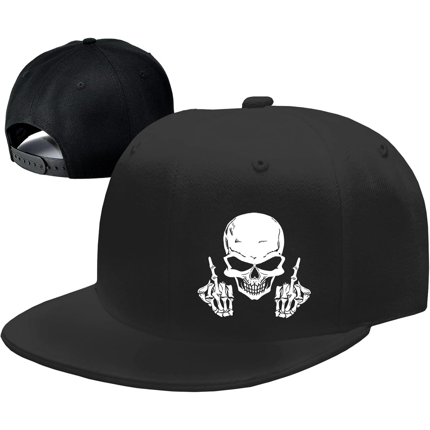 Snapback Hat Flat - หมวกแก๊ปทรงสแนปแบ็คลายหัวกะโหลกนิ้วกลางสำหรับผู้ชาย หมวกทรงแบนสำหรับผู้ชาย หมวกแก๊ปสีดำลายหัวกะโหลก หมวกเบสบอล